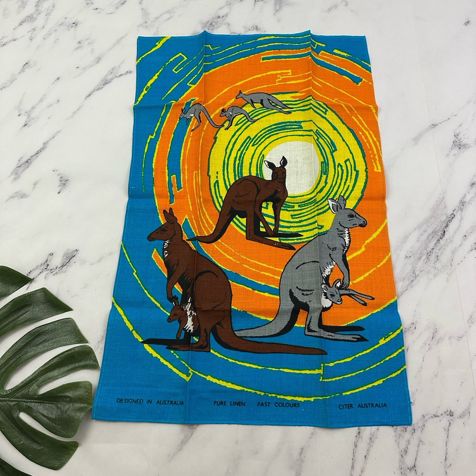Vintage 70s Australia Souvenir Linen Tea Towel New Orange Blue Kangaroo Citer