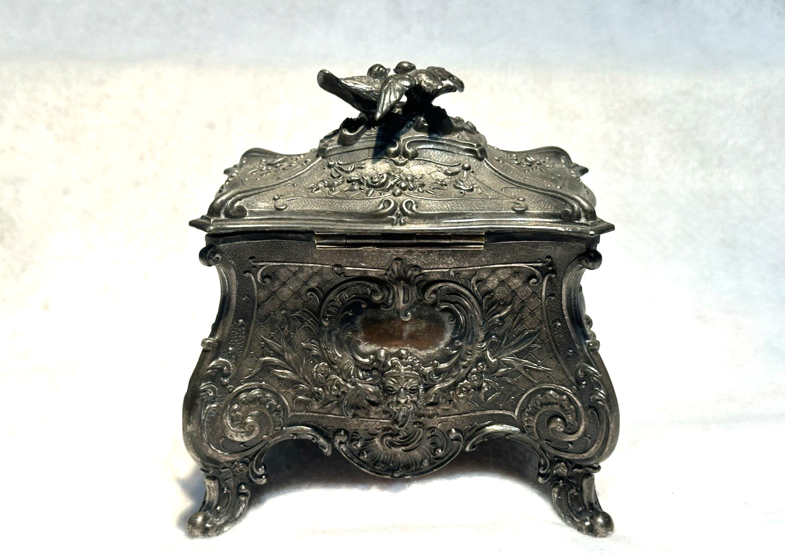 Antique Ornate Footed Silver / Silver Plate Hinged Jewelry Casket Trinket Box