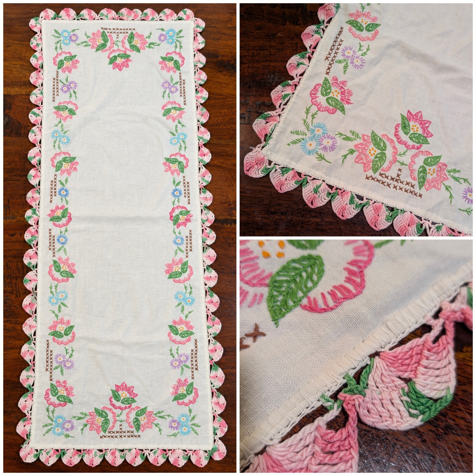 Vtg Hand Embroidered Table Runner Crochet Floral Edge Grannycore Cottagecore 