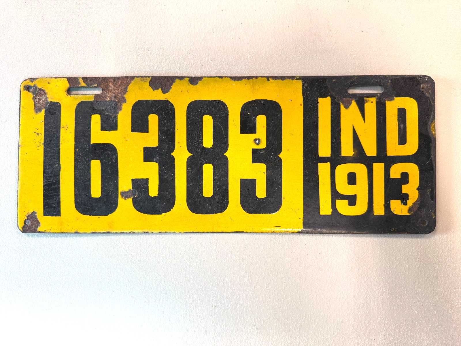 1913 Indiana nice original porcelain license plate tag 16383 First year of issue