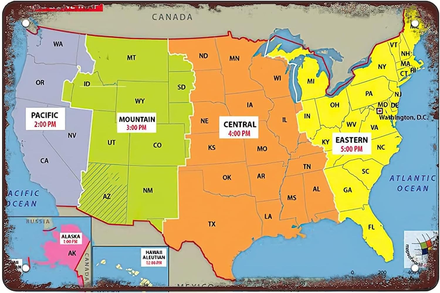 Stone Usa Time Zone Map Vintage Maps Tin Metal Signs Home Décor 8x12