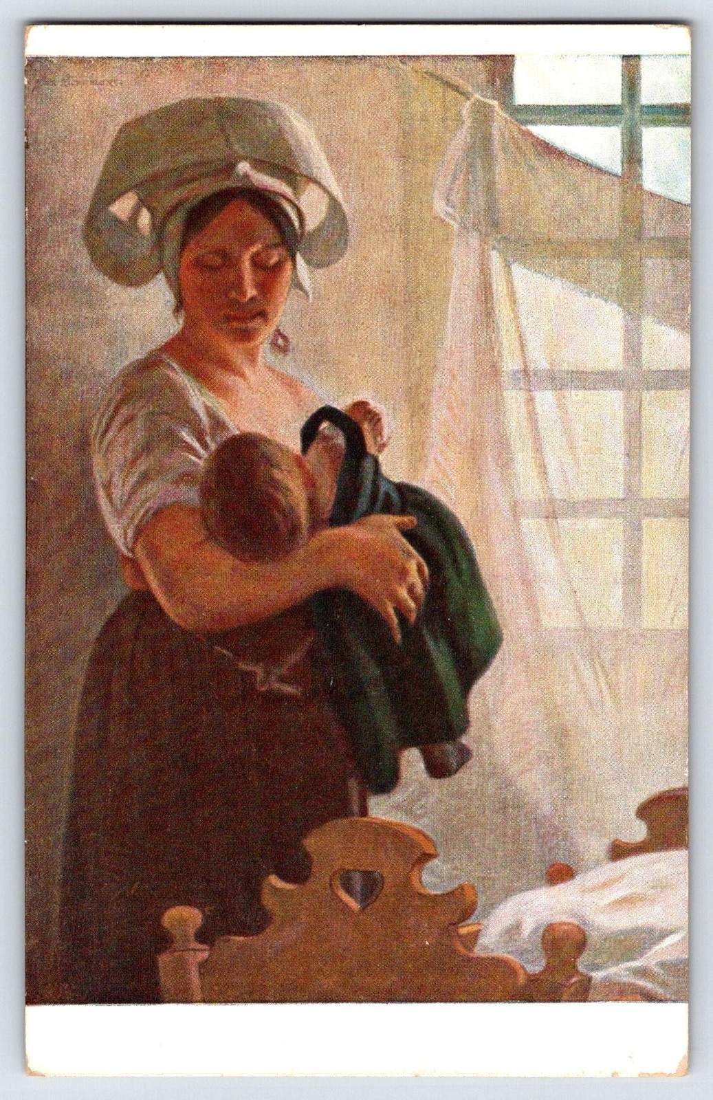 Vintage Das Erwachen Postcard German Color A. De Richemont Mother Child 5.5x3.5