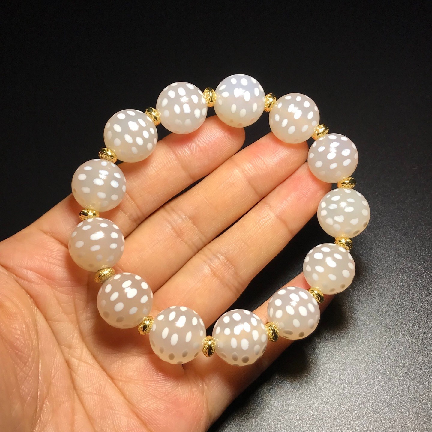 Vintage Tibetan Dzi Beads Old Agate Sky Starry Totem Amulet Bracelet White 14mm