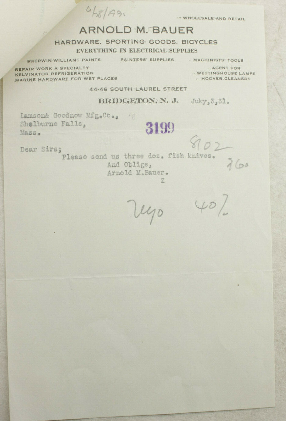 1931 Lamson Goodnow Arnold M Bauer Bridgeton NJ Fish Knife Ephemera P1345D