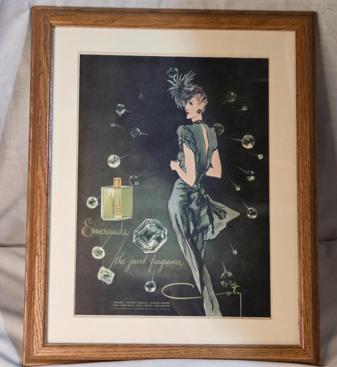 Vtg 1944 COTY Emeraude Perfume Fragrance Original Magazine Print Ad Framed 12X16