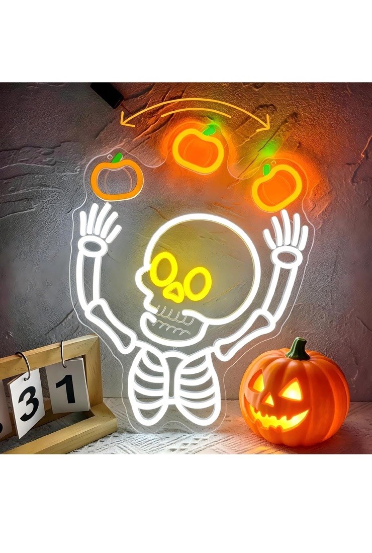 Halloween Pumpkin Skeleton Neon Sign Waving Pumpkin Skull Neon Light