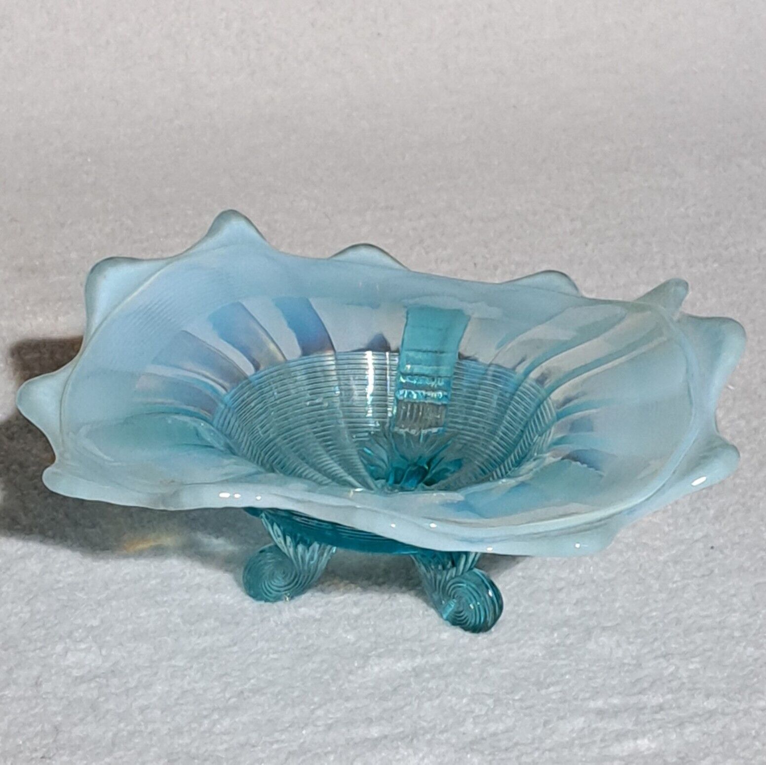 American Northwood Dish Klondike Glass Blue Opalescent Footed 1960s Bowl Vintage