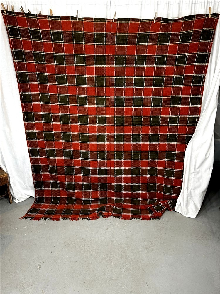 antique blanket coverlet red green blue plaid 72x90 center seam early 1800s 