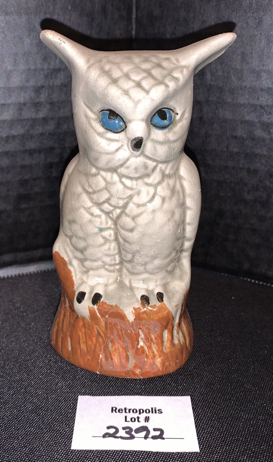 Vtg Ceramic Hand Painted Grey Gray Owl Figurine Blue Eyes