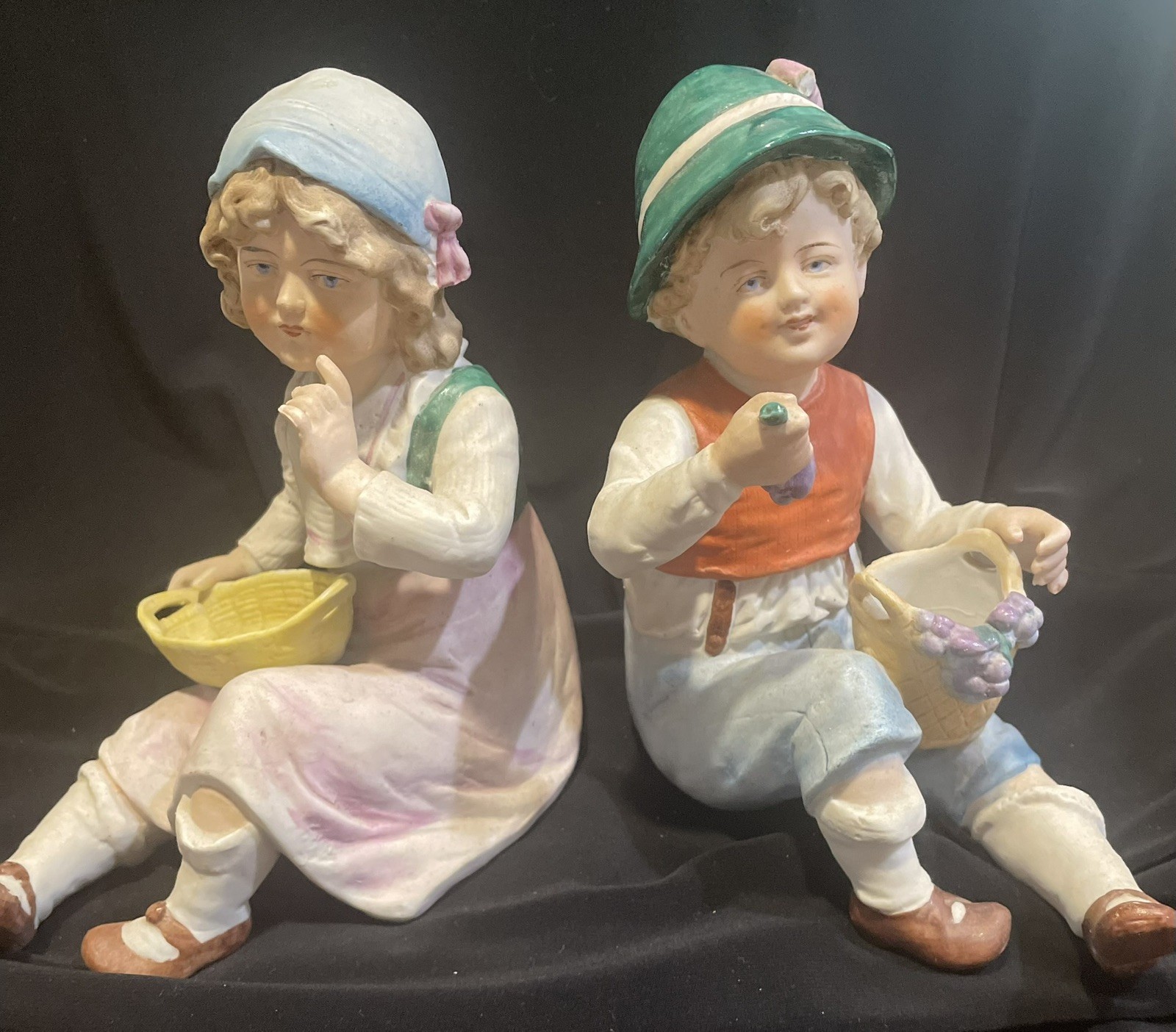 Antique Boy & Girl Figurines Heubach German with grapes