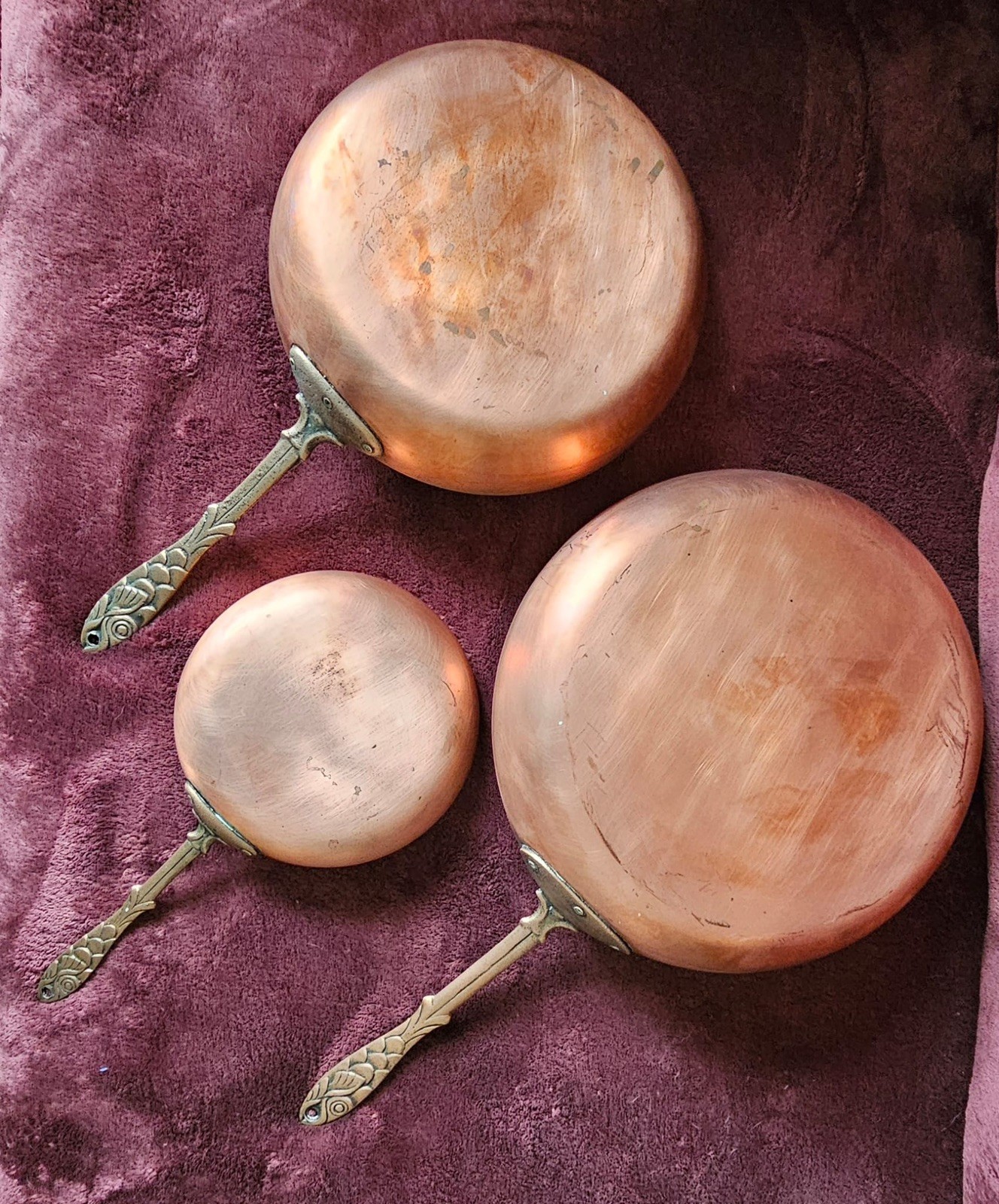  (3) Piece Copper Pans with brass decorative fish handles 