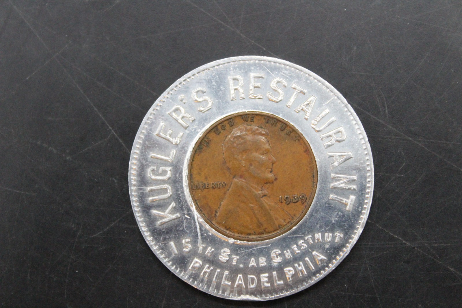 Vintage Kugler\'s Restaurant Philadelphia Advertising Encased Lucky Penny 1939