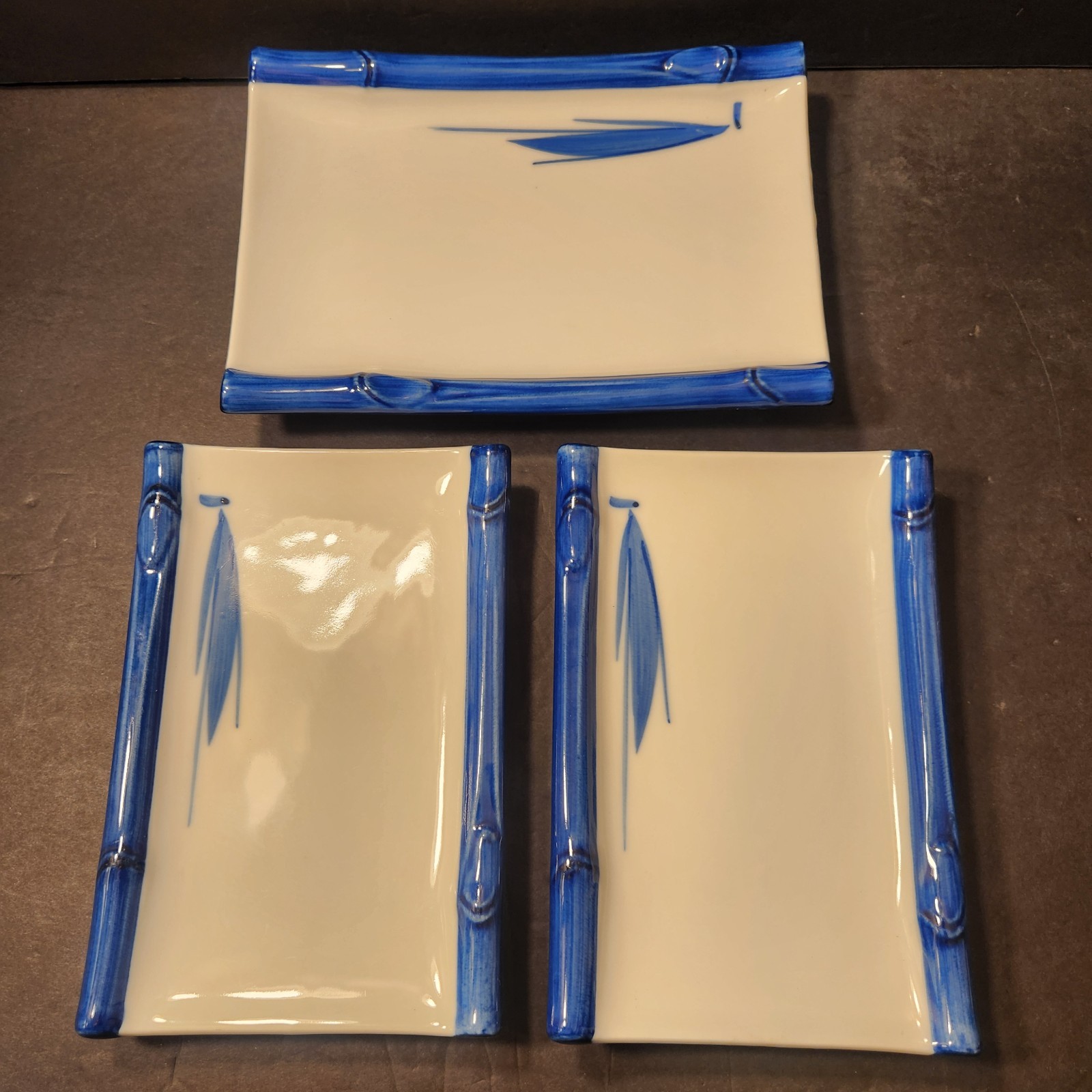Vintage Kafuh Japan Porcelain Sushi Plates Set 3 Blue White Bamboo Rectangle