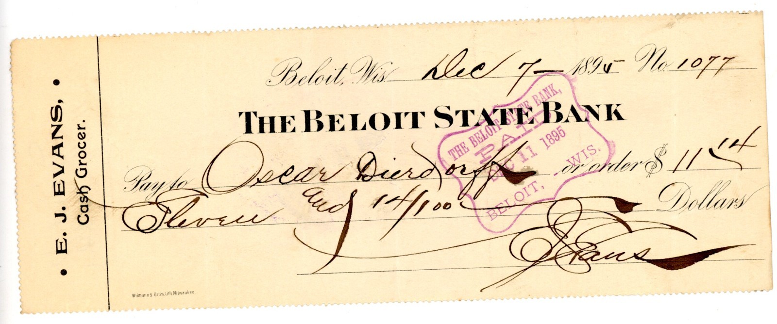 1895 Beloit Wisconsin Bank Check EJ  Evans Grocer Signed Oscar Dierdorff Antique