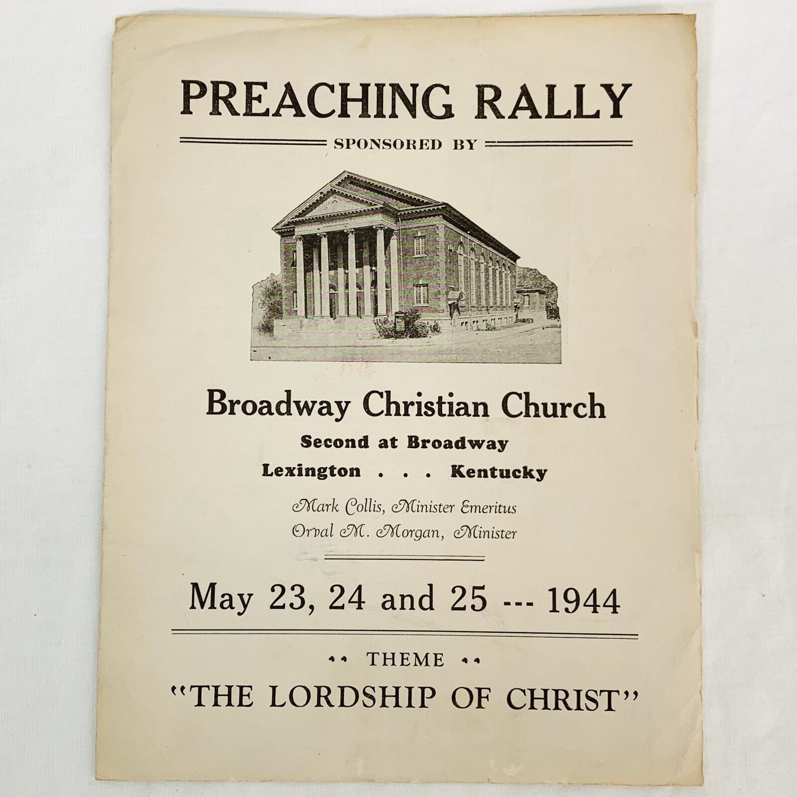 Vintage 1944 Lexington Ky Kentucky Broadway Christian Church Preaching Rally