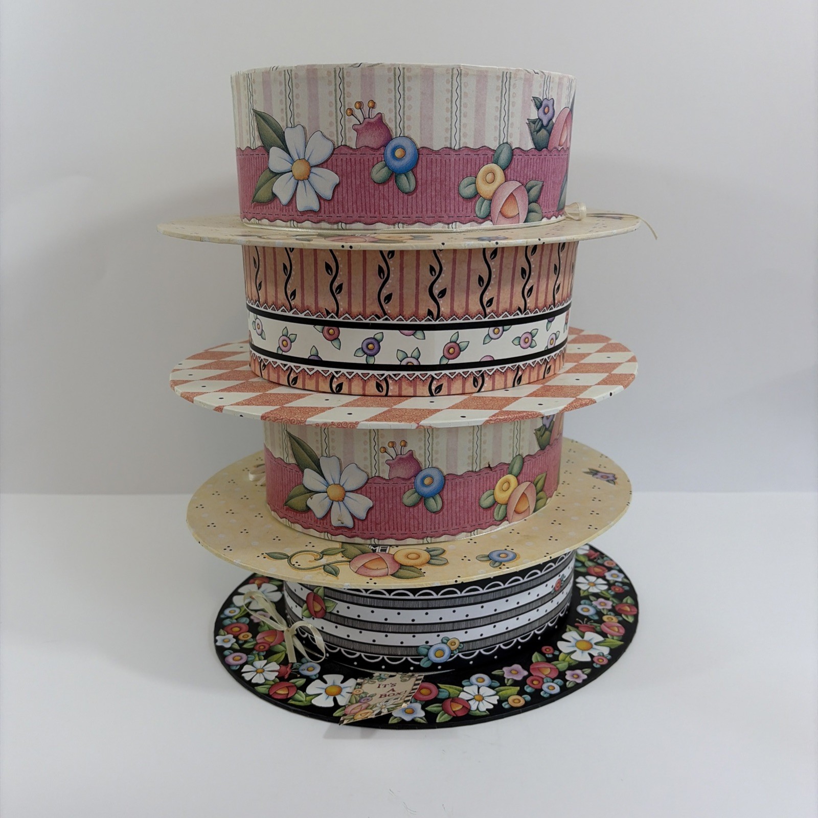4 Vintage 1998 Mary Engelbreit Floral Polka Dot Hat Shaped Gift Storage Boxs