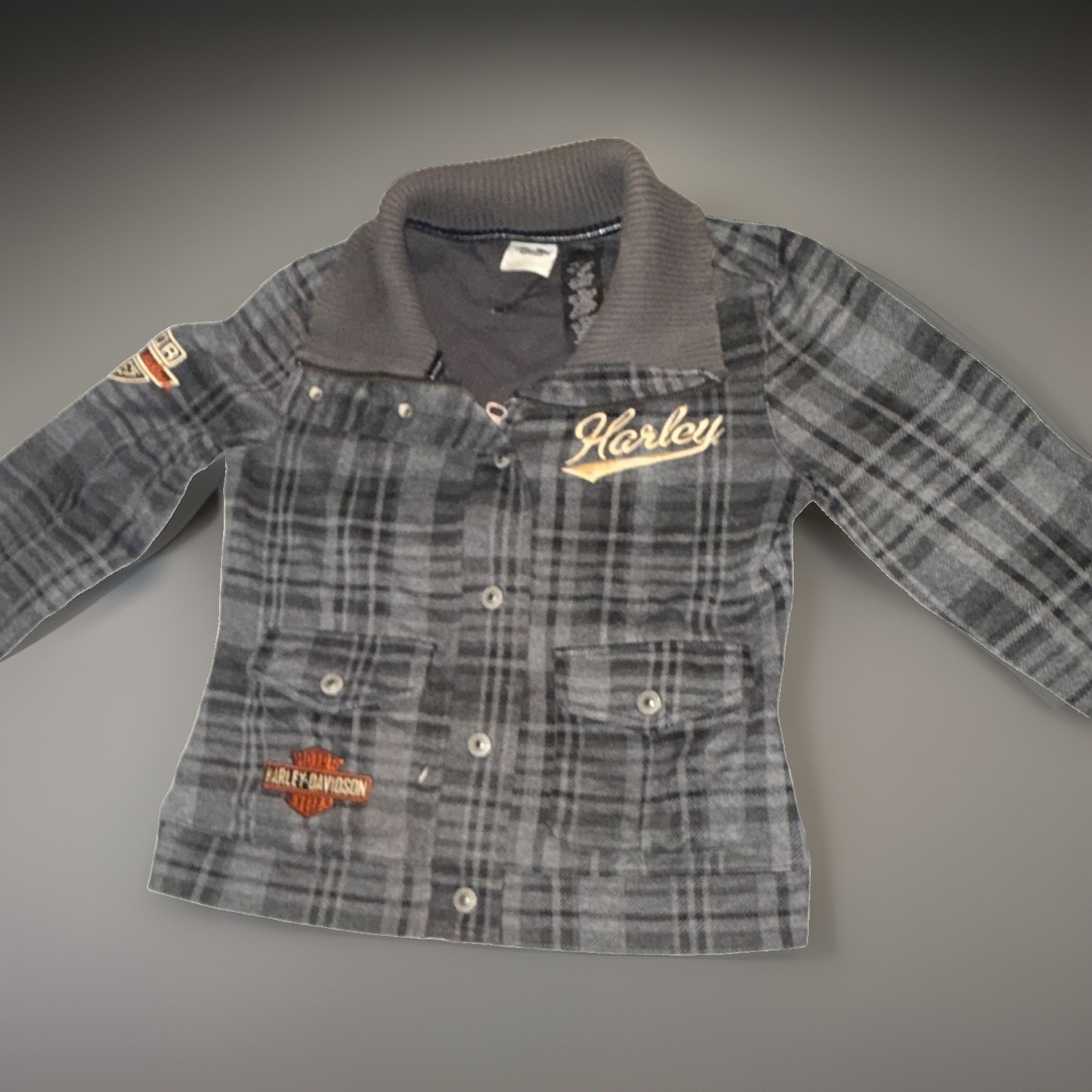 Harley-Davidson Gray Plaid Button Front Zip Jacket Logo Patch Ribbed women’s S