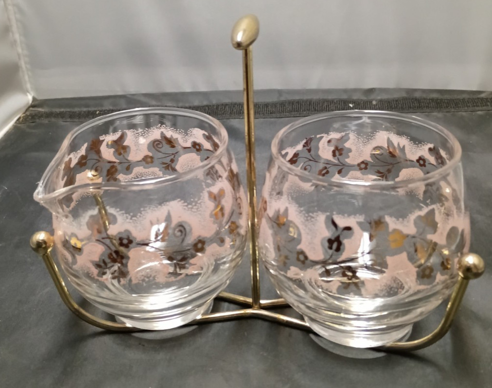  Vintage Libbey Pink Duchess Pattern Glass Open Sugar And Creamer Set With Caddy