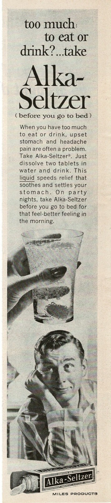 1962 ALKA SELTZER man in pajamas looks longingly at glassful Vintage Print Ad
