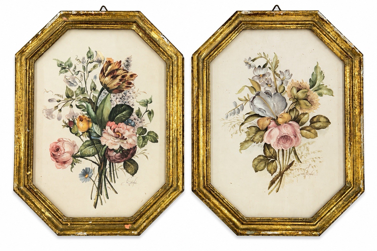 Vtg Italian Gilt Framed Silk Floral Wall Art Plaques Flemish School Flowers 2pc