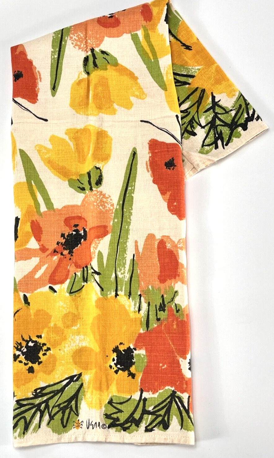 Vintage Vera Neumann Linen Kitchen Tea Towel Orange Yellow Flowers 28x15