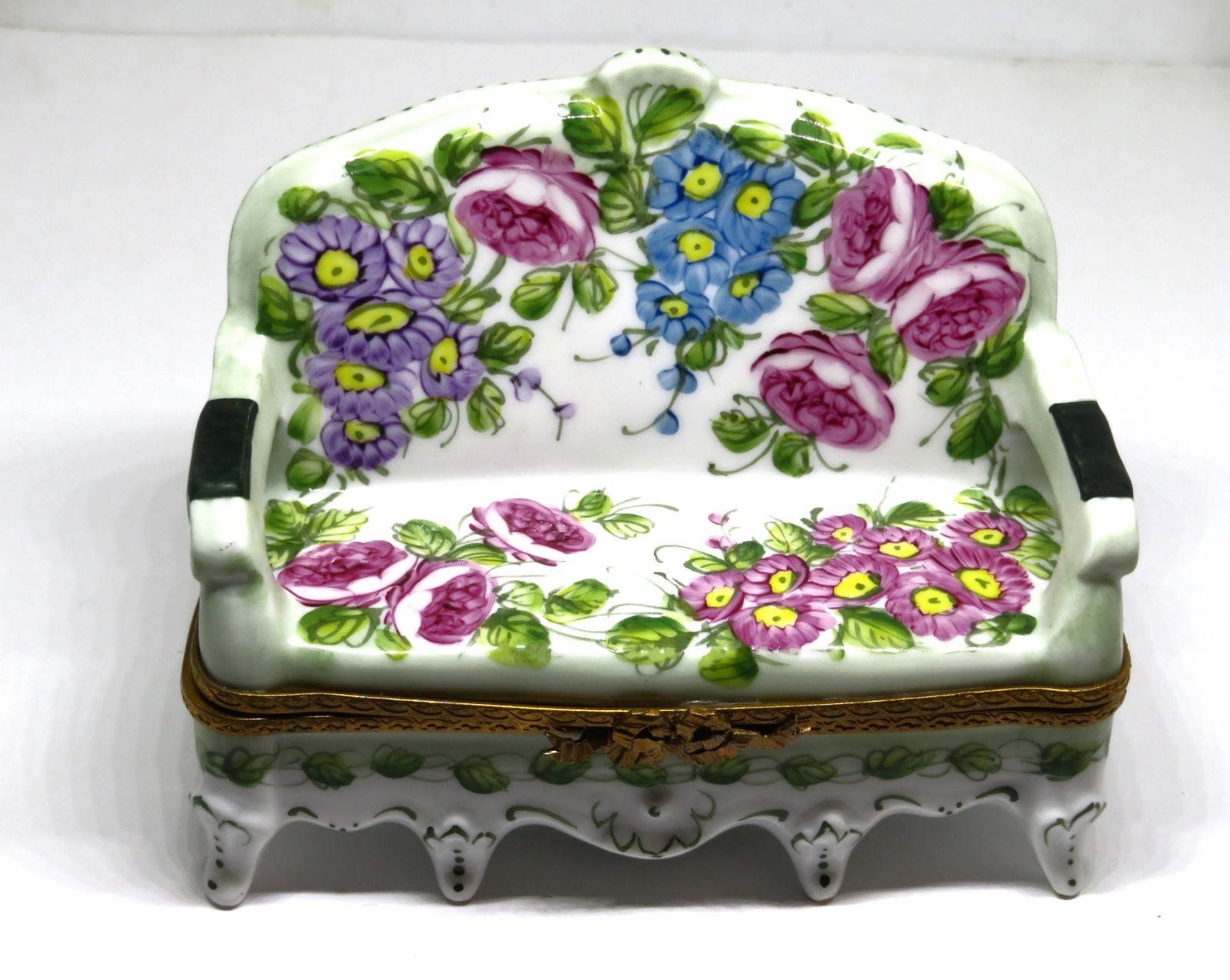LIMOGES FRANCE BOX - LARGE FLORAL GARDEN BENCH - PARK BENCH - FLOWERS - ROSES