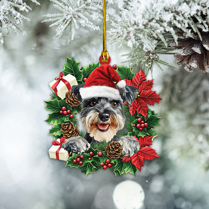 Personalize Schnauzer Dog Christmas Wreath Ornament, Funny Dog Ornament Decor