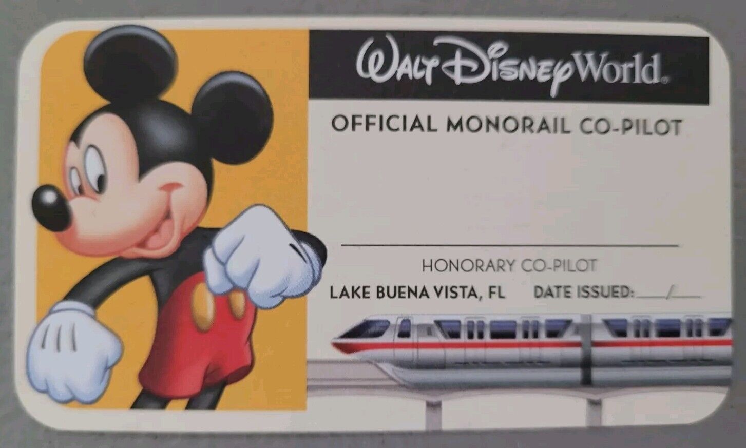 RARE Honorary Official Monorail Co-Pilot License Disney World WDW Monorail