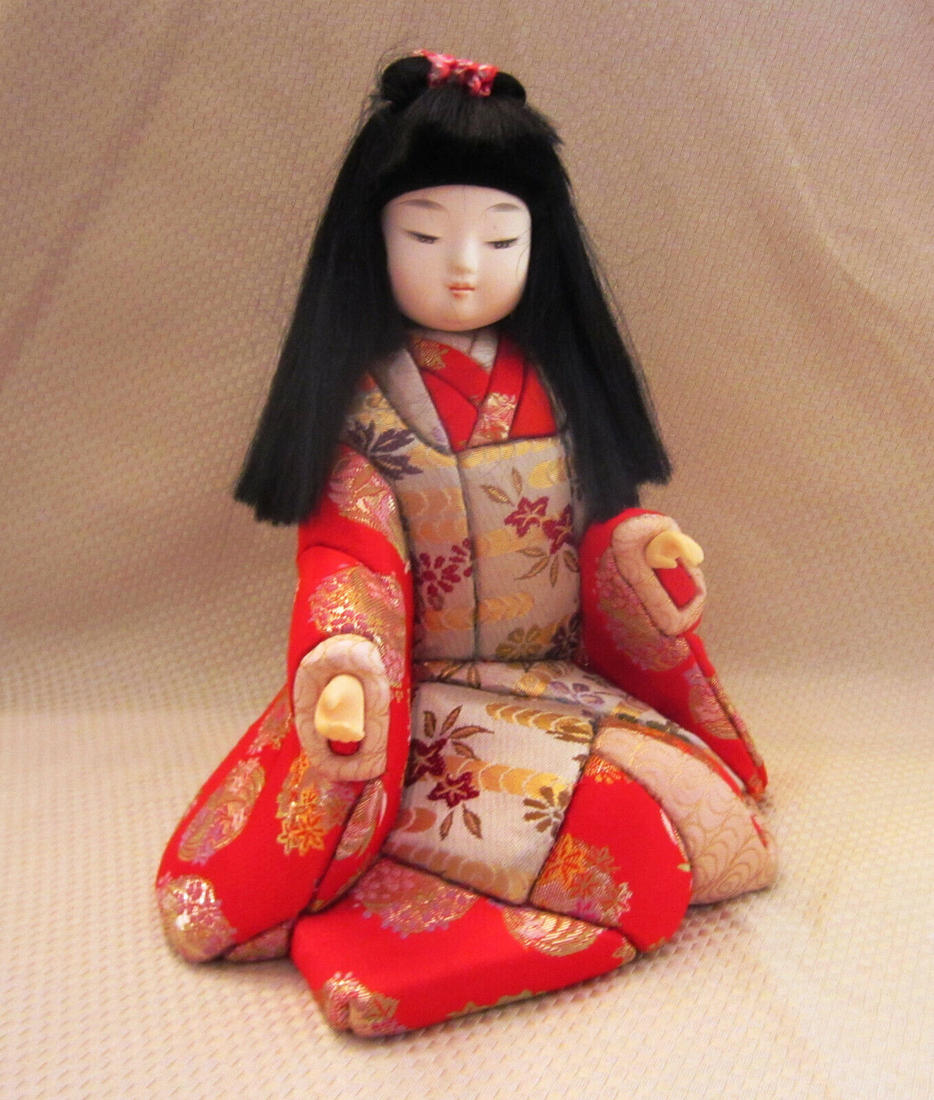 Beautiful Kneeling Japanese Girl Doll, Dressed In A Beautiful Brocade Kimono