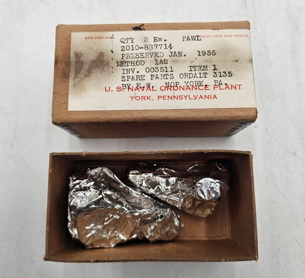 1955 US Naval Ordnance Plant Spare Parts 3135 QTY 2 Ea PAWL Z010-887714- NOS