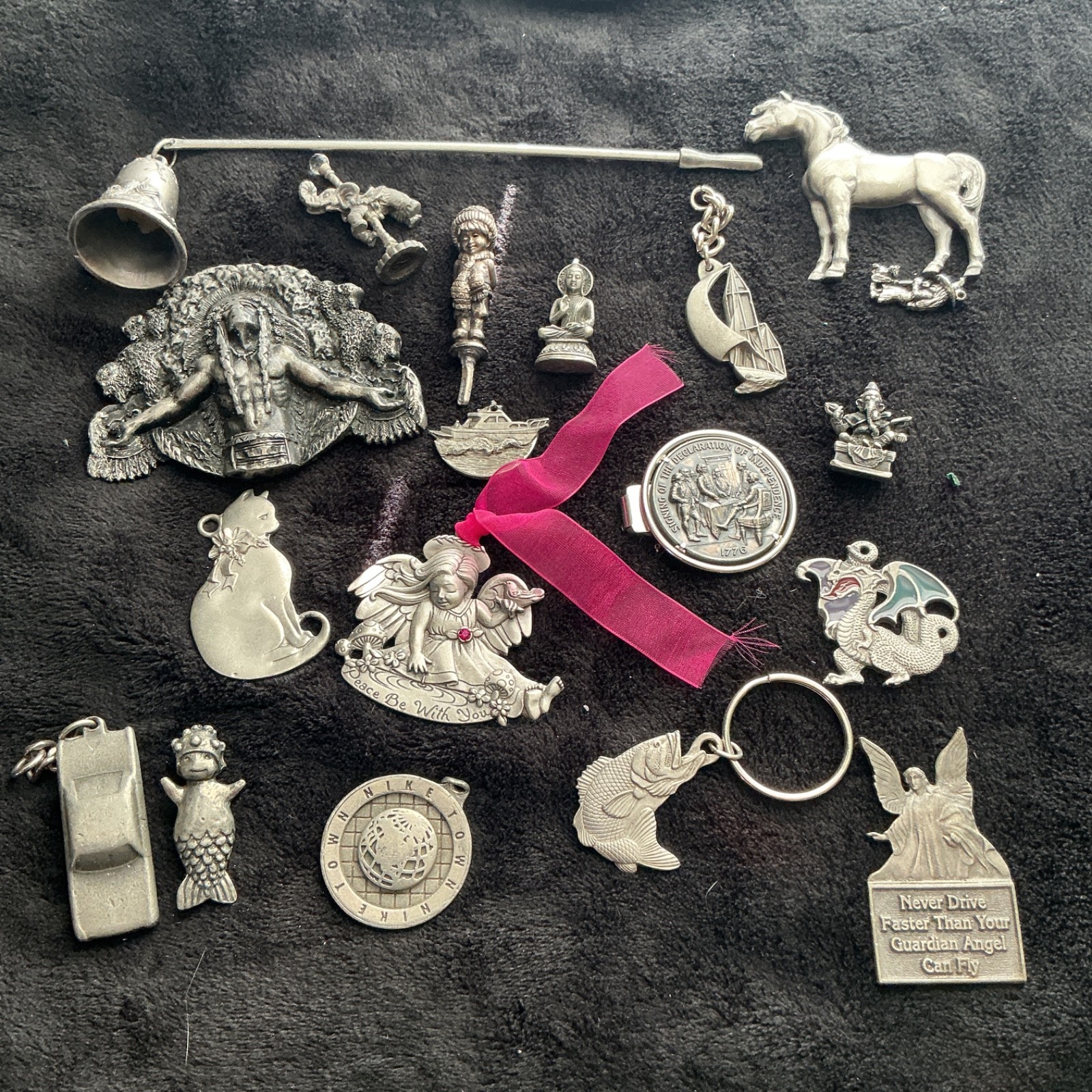 Vintage Pewter, diecast figures, jewelry pieces, odds and ends Lot 19 pieces