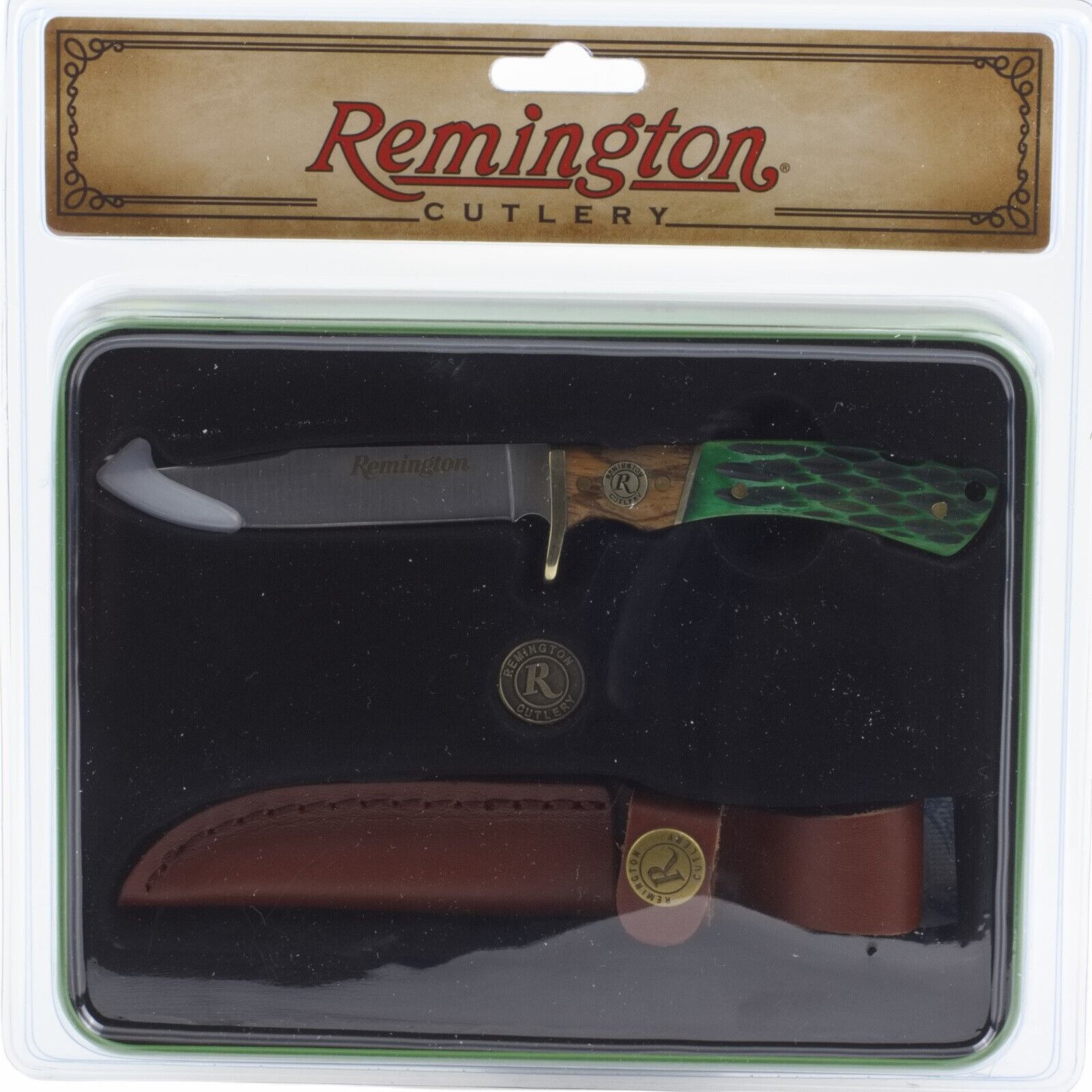 Remington Whitetails Cutover Deer Fixed Blade Knife Gift Set Tin Green Wood Bone