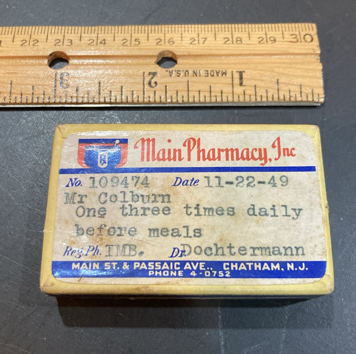1940’s Doctor's Cardboard Prescription Pill Box Chatham NJ Main Pharmacy, Inc