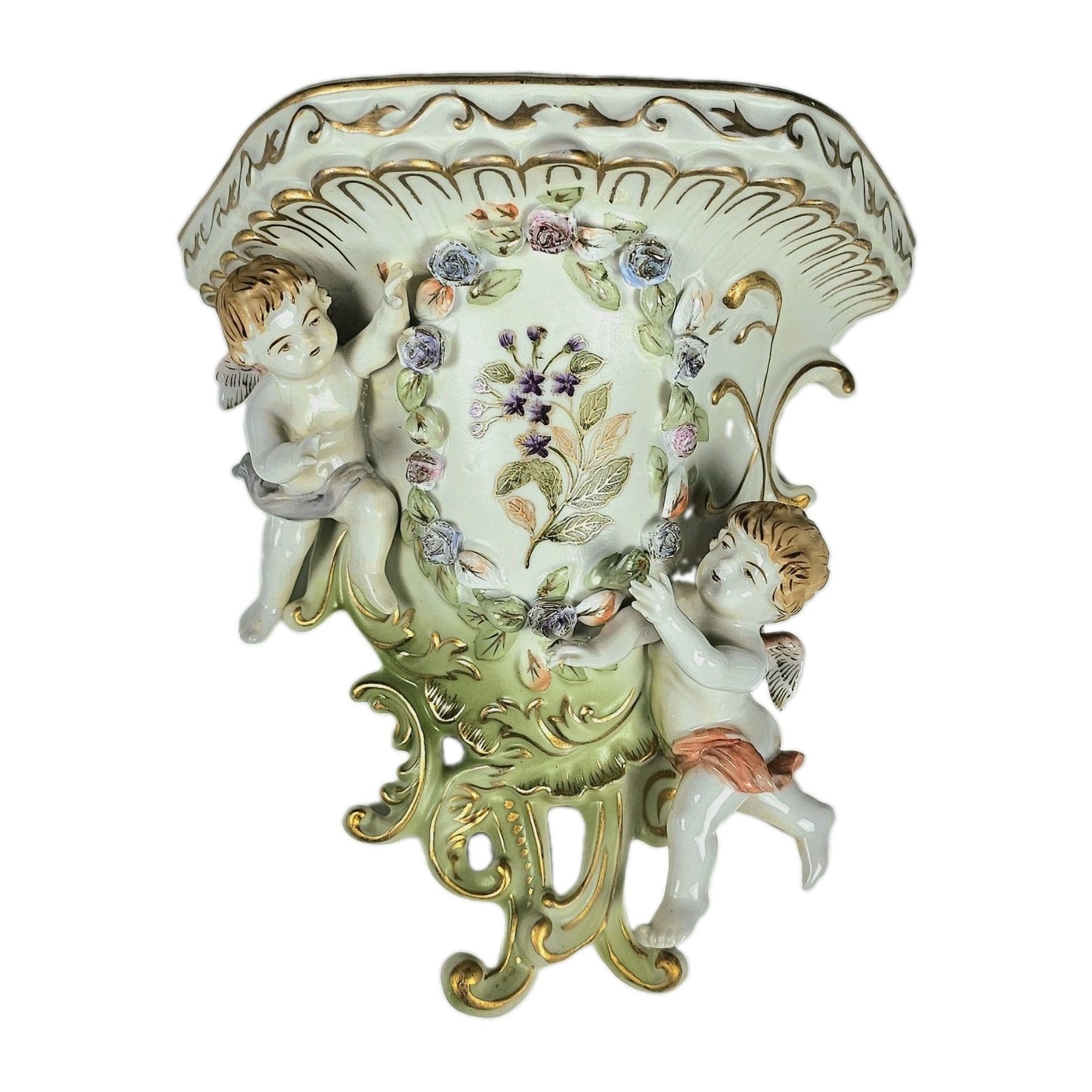Vintage Lenwile Ardalt Cherub Porcelain Wall Shelf Sconce Japan 6962A As-Is