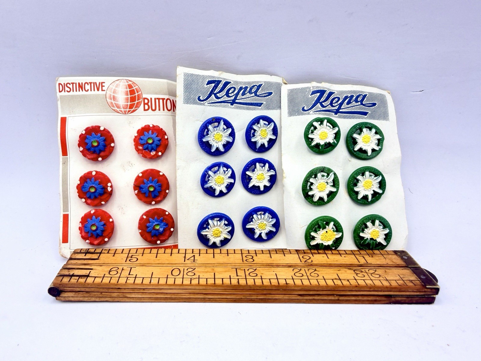 18 Pcs Czech Glass Buttons 3 Original Cards Yellow Red Green Edelweiss Kepa M