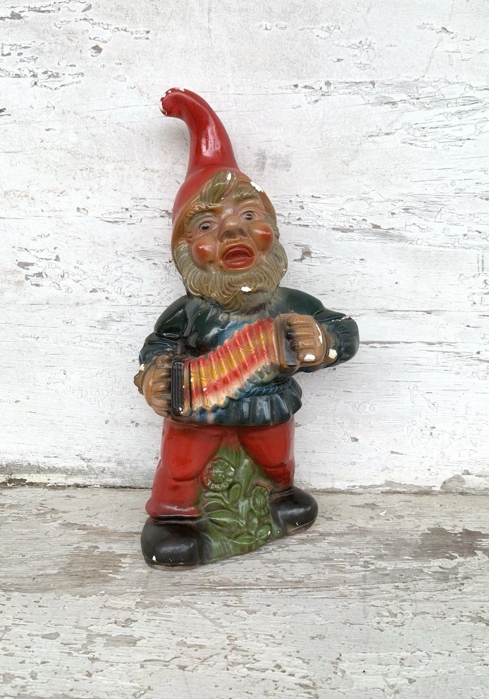 Vintage Mid-Century Chalkware Garden Gnome Playing Accordion Statue