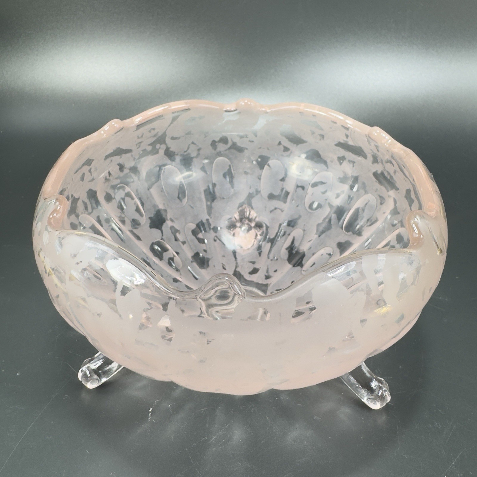 1930s Fenton Ming Pink Glass Rose Bowl Dish Etched 3 Footed Bowl Frosted Finish