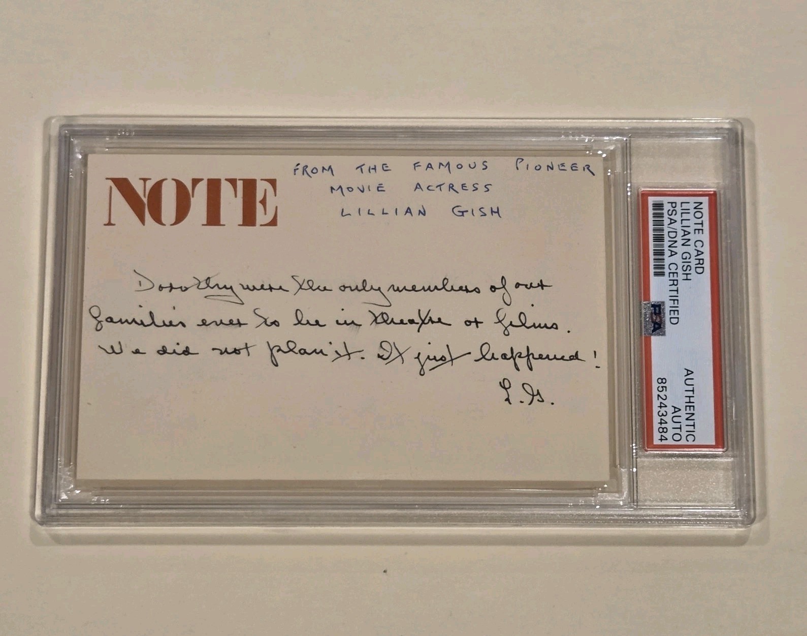Lillian Gish Signed Note Actress PSA DNA Autograph Auto Intolerance D W Griffith