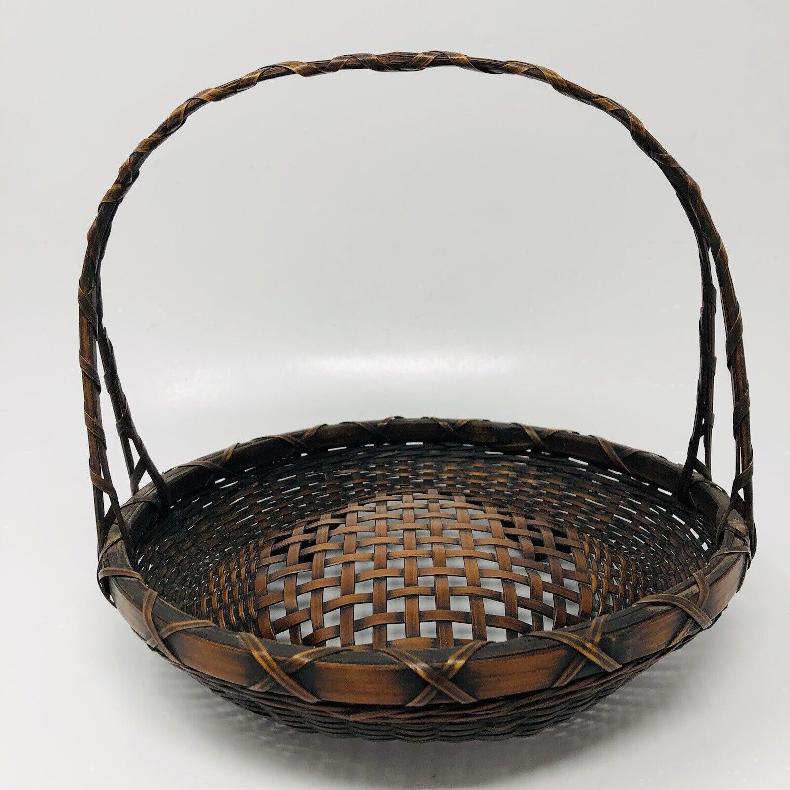 Vintage Gathering Basket Woven Rattan Signed Asian Footed Patina Domed