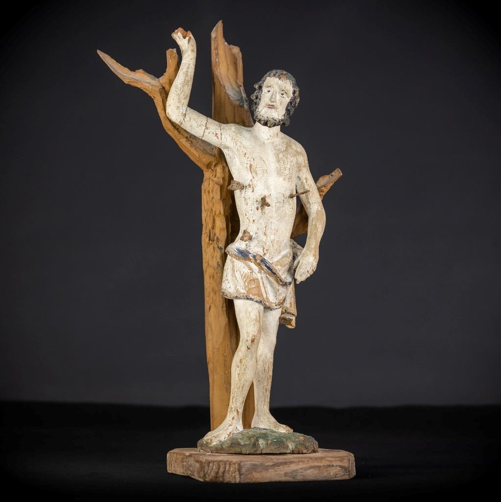 Saint Sebastian Wooden Sculpture | 1700s Antique St Martyr Wood Statue | 17.9”