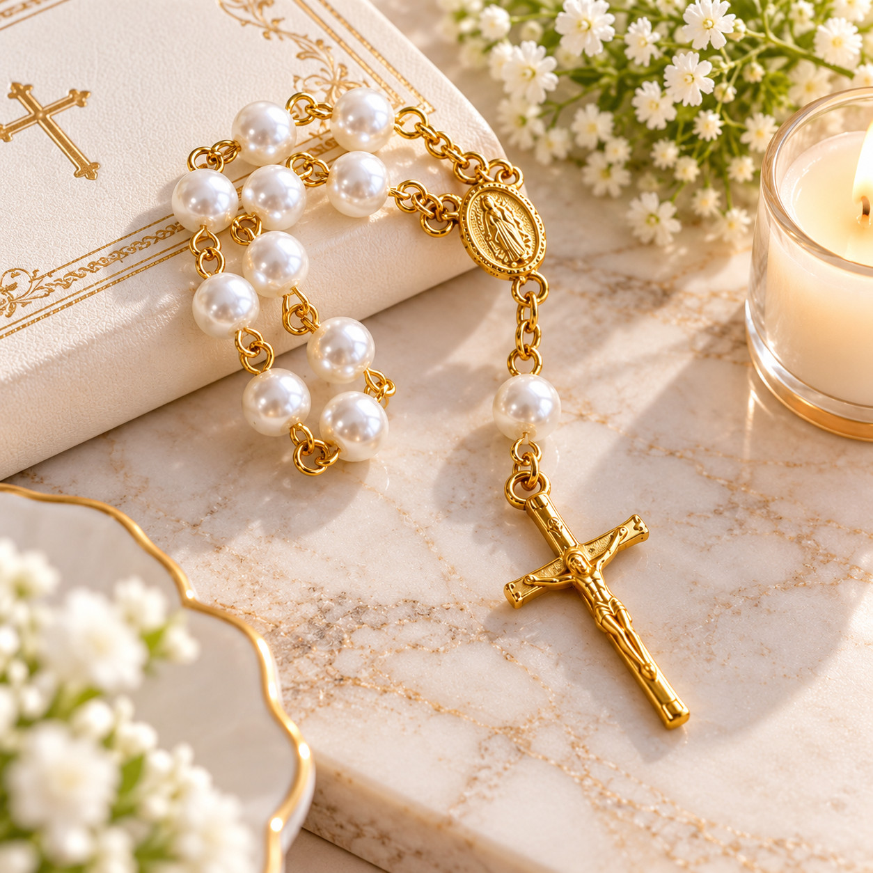 Rosary Imitation Pearl Beads Catholic Baptism Communion Wedding Party Favor