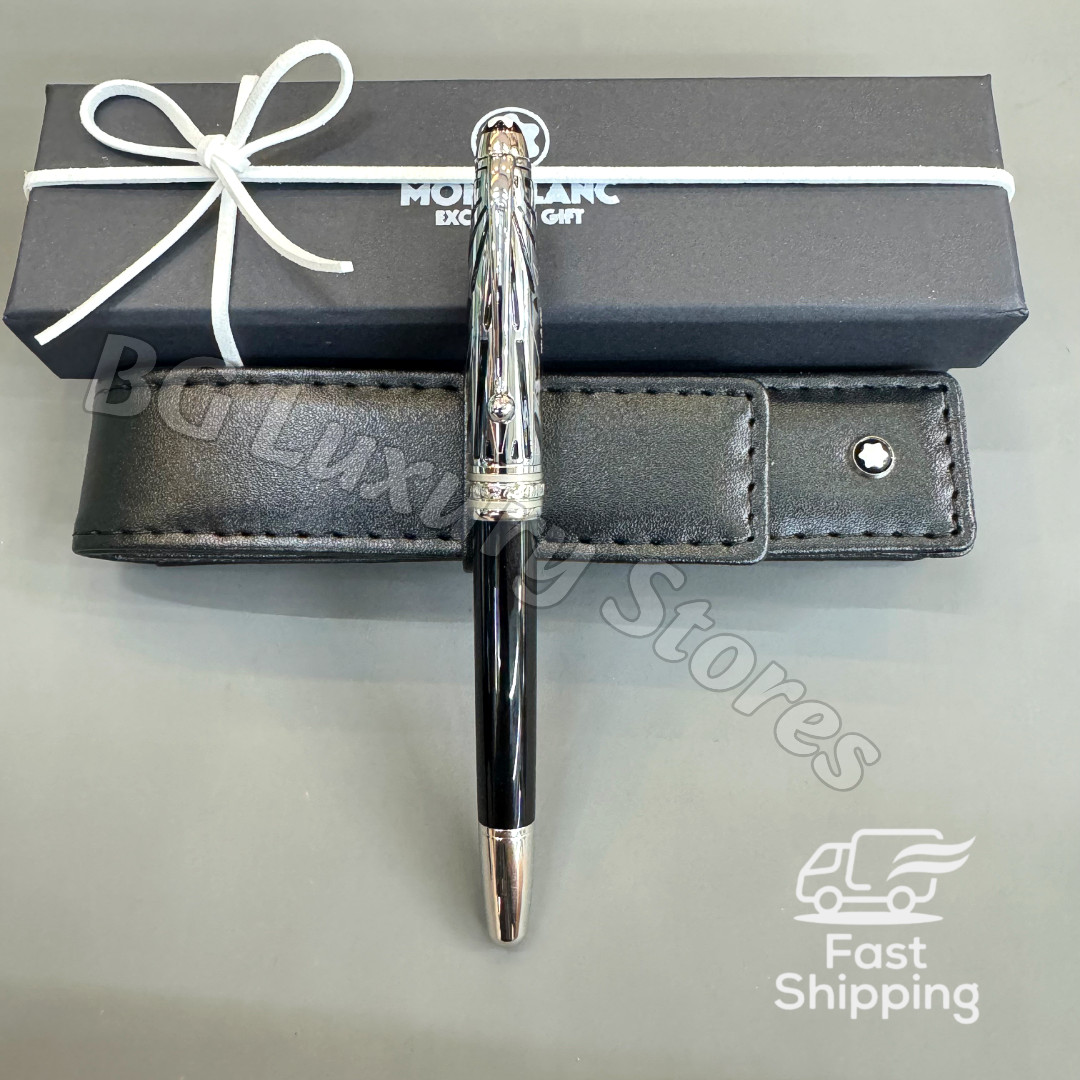 MONTBLANC Meisterstück Black Fountain Pen Platinum Trim w/ Leather Pouch Rare🔥