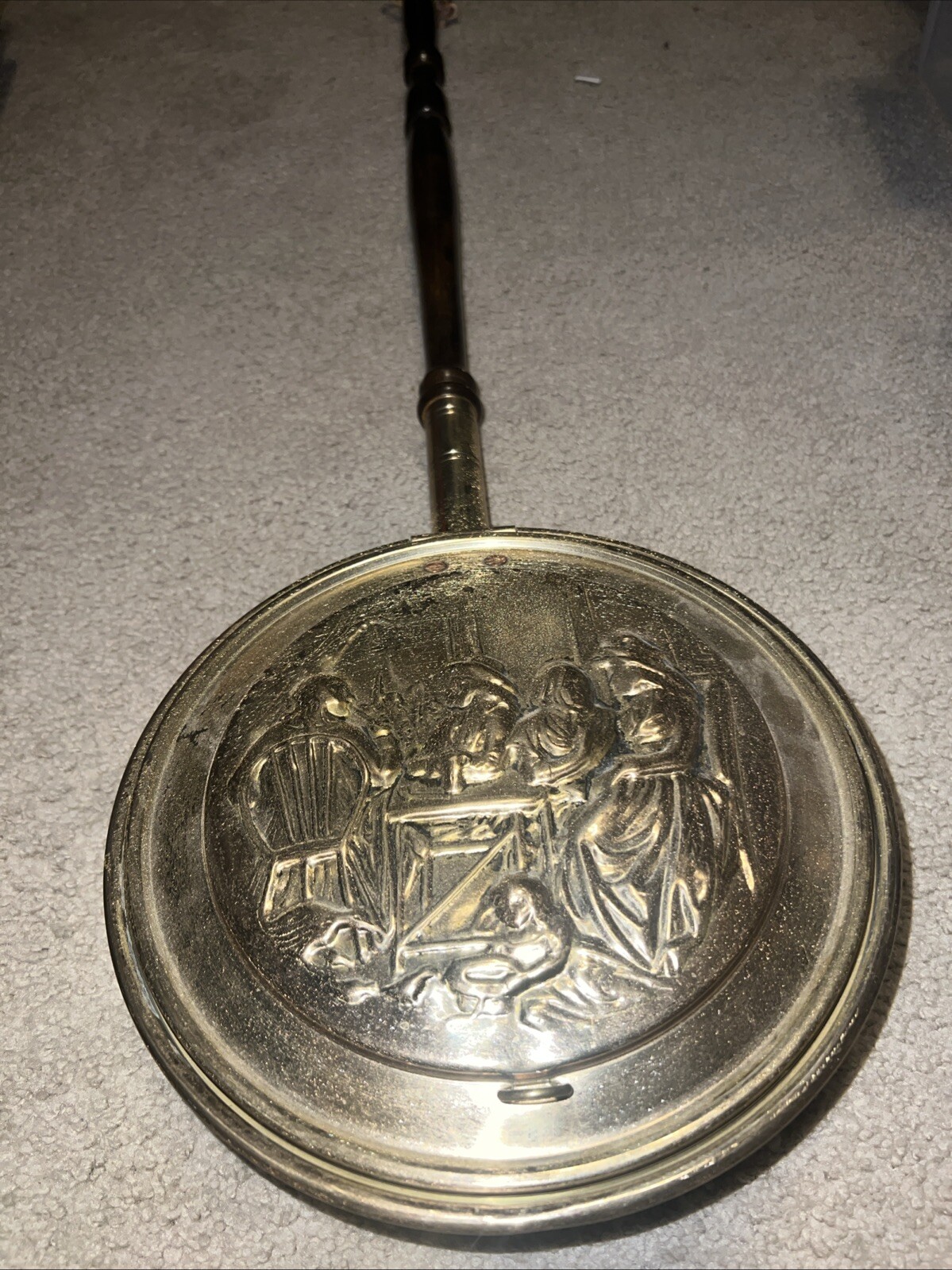 Vintage PEERAGE England Brass & Copper Tavern Scene Bed Warmer 38