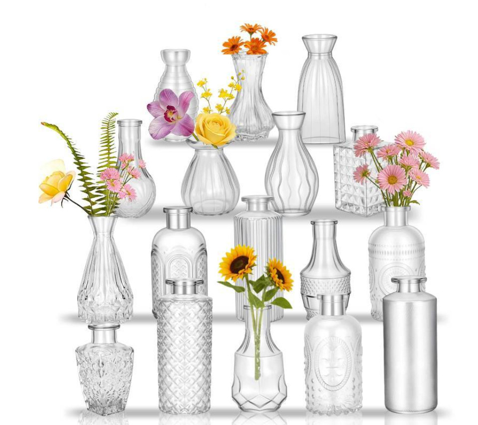 Clear Glass Bud Vase Set of 17 Pcs,Small Bud Vases in Bulk,Glass Crystal Flower