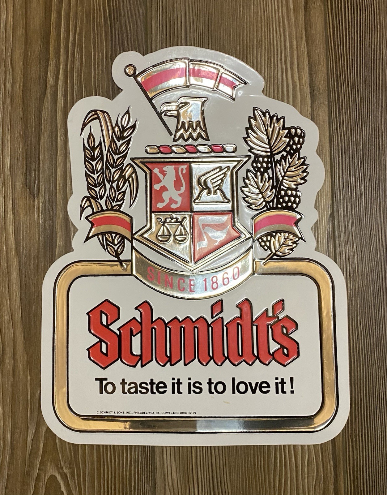 Vintage Schmidt’s Beer Embossed Plastic Advertisement Sign 12.5”x 9.5” USA 🇺🇸