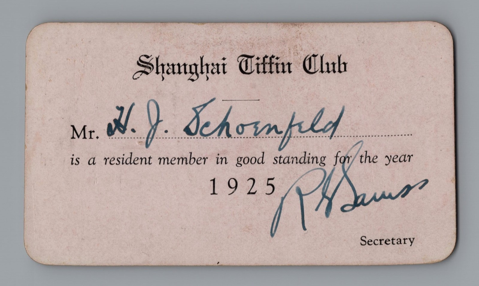 1925 Membership Card Shanghai Tiffin Club New York City RARE