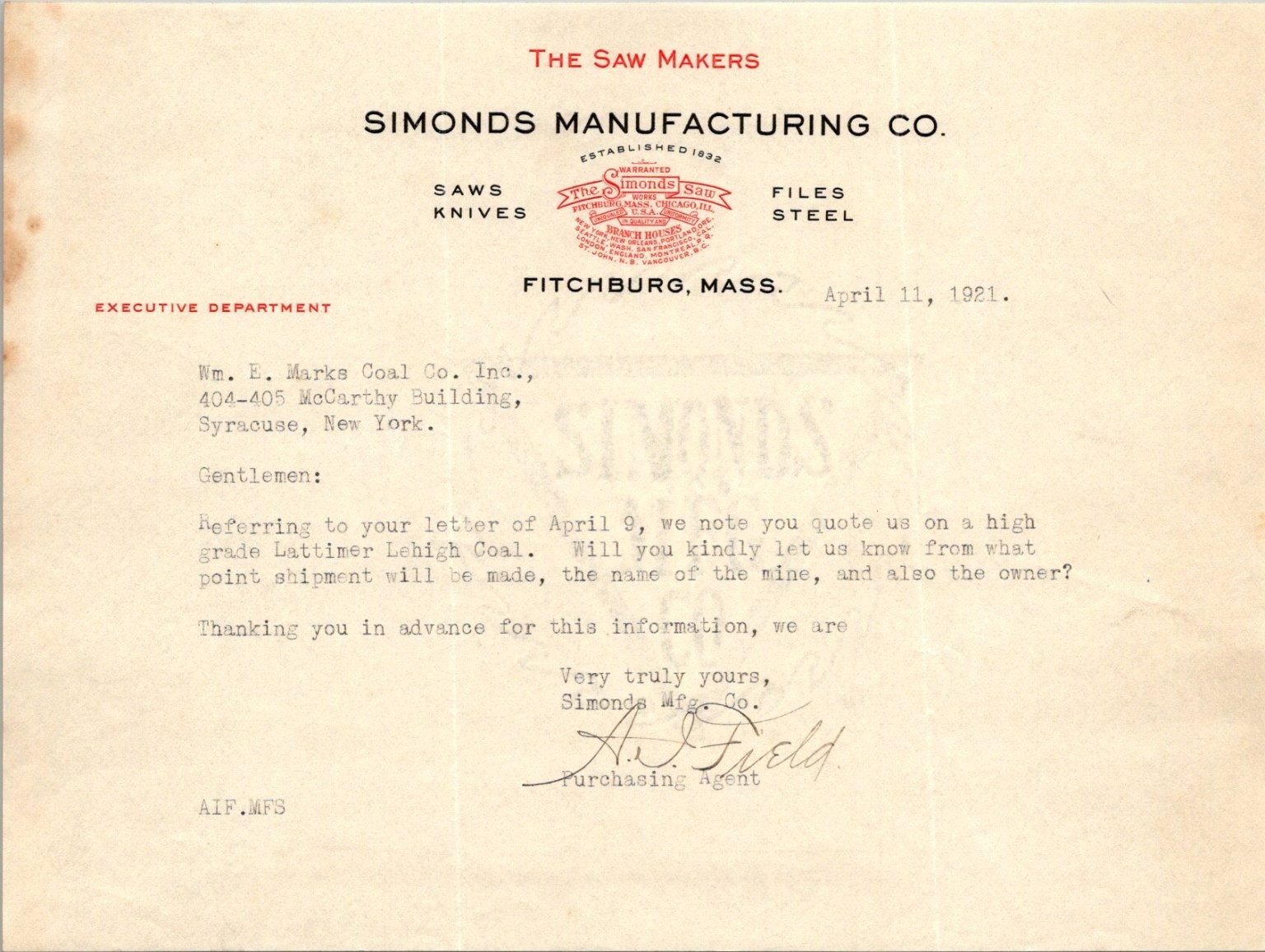 1921 Simonds Manufacturing Co. Letterhead Fitchburg Mass Industrial Ephemera 1921 Simonds Manufacturing Co. Letterhead Fitchburg Mass Industrial Ephemera