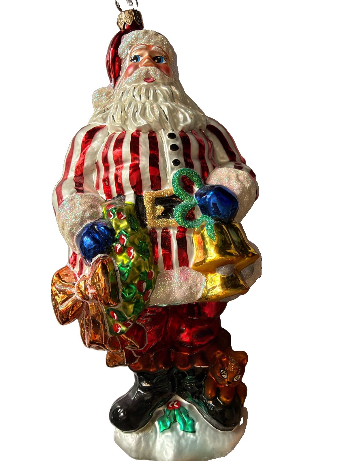 Vintage Christopher Radko Ring In The Holiday JUMBO Santa Cat Bells Glass Orname
