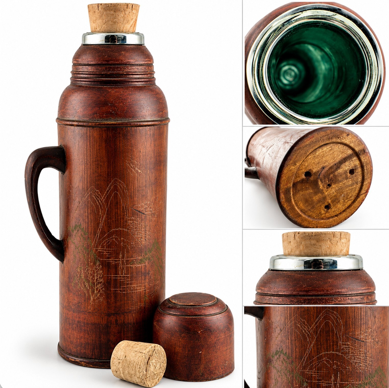 Vintage Wooden Thermos with Glass Inner Liner and Cork Stopper