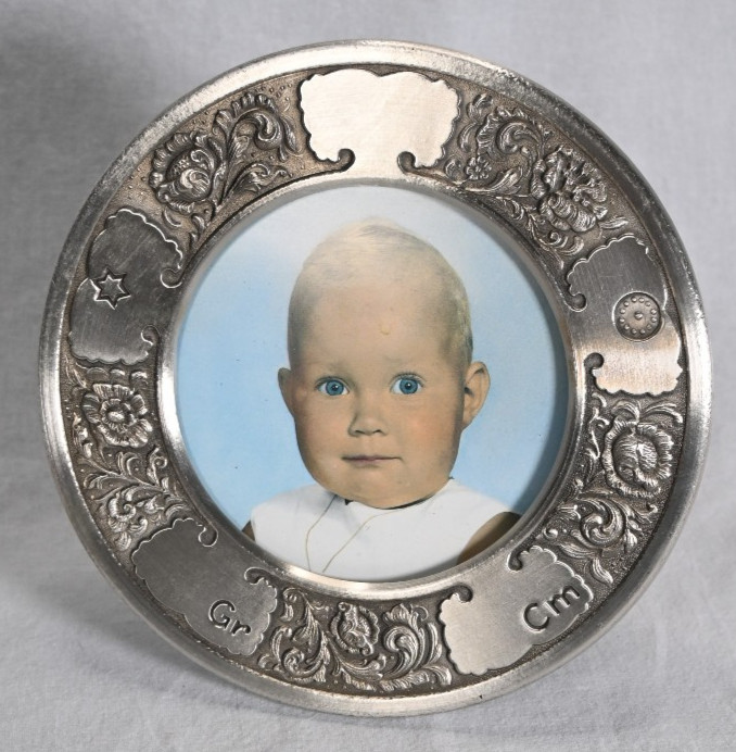 Vintage Pewter Birth Record Engravable Picture Frame 7\